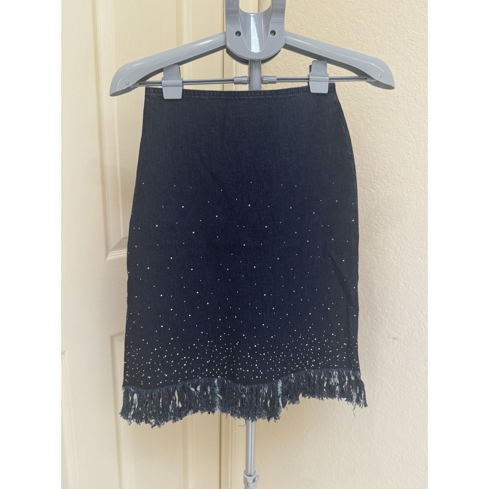 Fendi Denim Skirt w/Swarovski Crystals & Fringe Sz 38 Vintage Never Worn